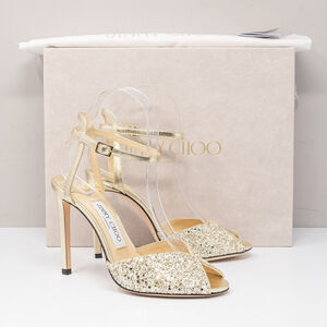 Jimmy Choo Sacora 100 Moon Sand Infinity Glitter Heels, Size 36 (6 US)